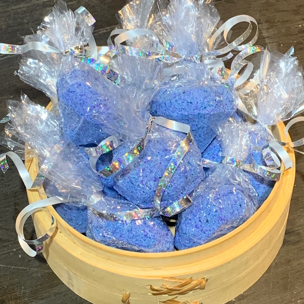 Homemade diamond shaped lavender fizz bath bombs.